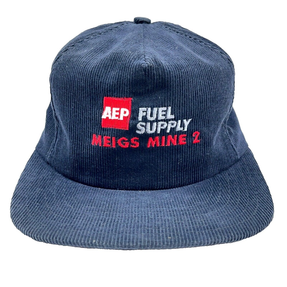 Vintage AEP Trucker Hat Cap Blue Corduroy Snap Back Fuel Meigs Coal Mine 80s 90s